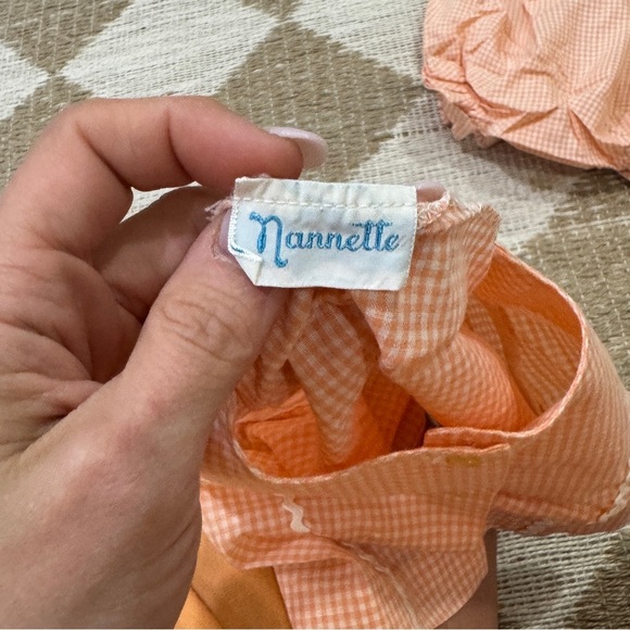 Vintage 80s Nanette baby set gingham embroidered trim romper ruffle cardigan top - Picture 3 of 9